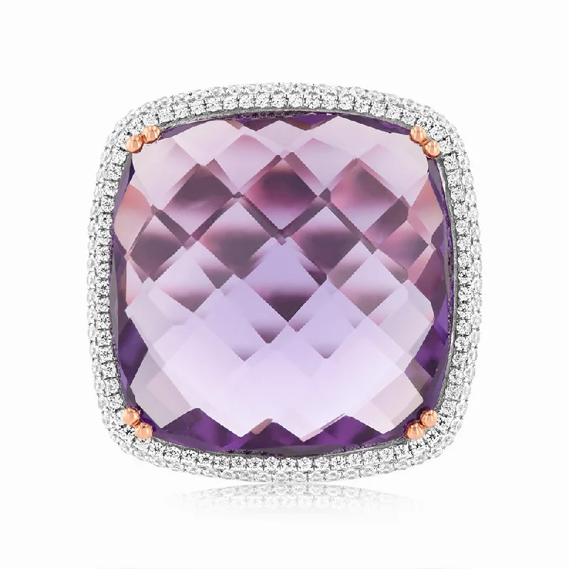 Bold geometric rings-Amethyst & 0.54ct Cubic Zirconia Ring in 9ct Rose Gold