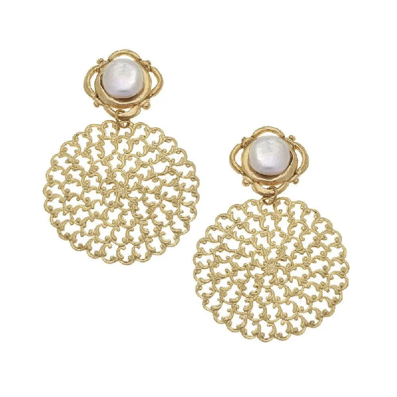 Angled drop earrings-Handcast Gold Filigree & Genuine Coin Pearl Clip Earrings.