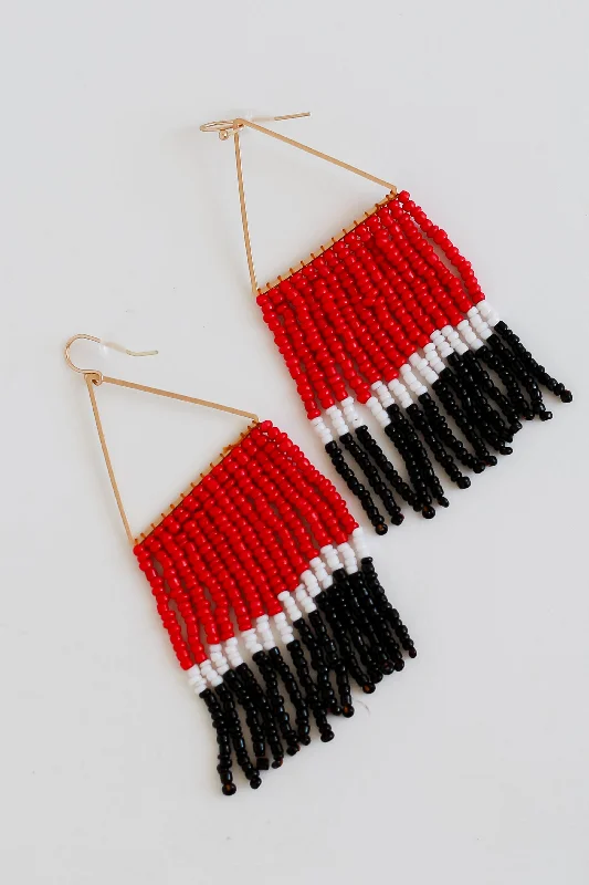 Small heart earrings-Red + Black Beaded Fringe Earrings