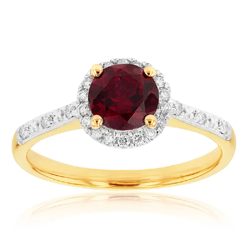 Bold geometric rings-9ct Yellow Gold Created Ruby 1/10 Carat Diamond Halo Ring