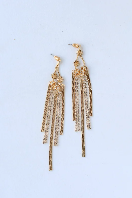 Baroque pearl earrings-FINAL SALE - Lucy Gold Rhinestone Fringe Earrings