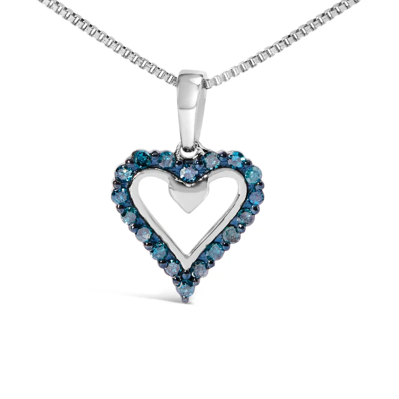 Etched disc necklaces-.925 Sterling Silver 1/5 Cttw Blue Diamond Open Heart Pendant Necklace