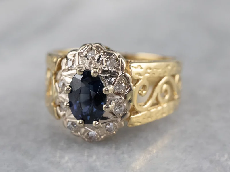 Fine pearl rings-Sapphire Diamond Halo Filigree Ring