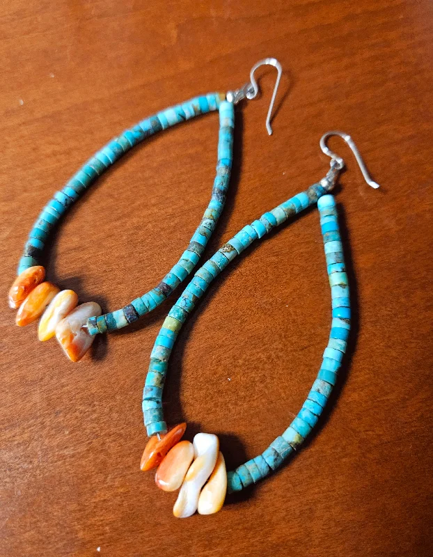 Thick hoop earrings-Turquoise & Spiny Oyster Beaded Tear Drop Earrings