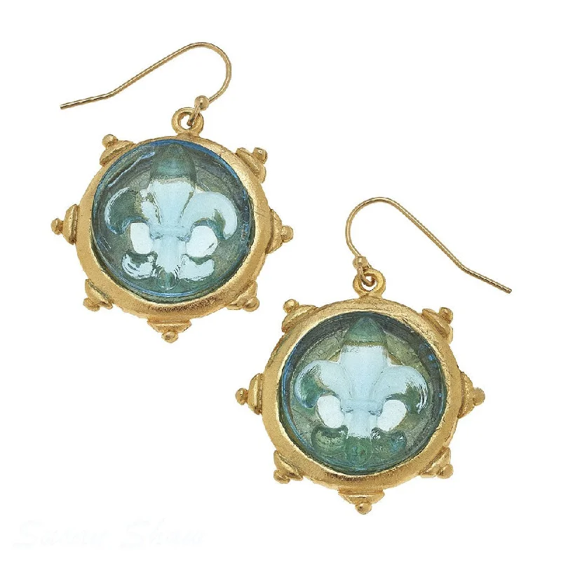 Glossy silver earrings-Aqua Venetian Glass Fleur De Lis Earrings