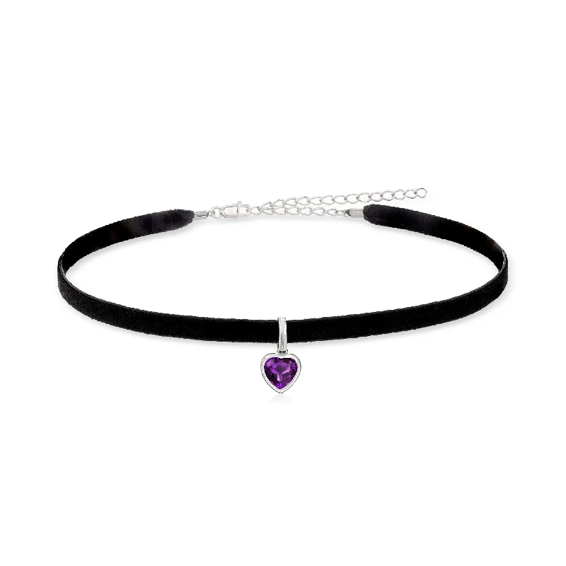 Fiber tassel necklaces-Ross-Simons Amethyst Heart Choker Necklace With Sterling Silver and Black Velvet Cord