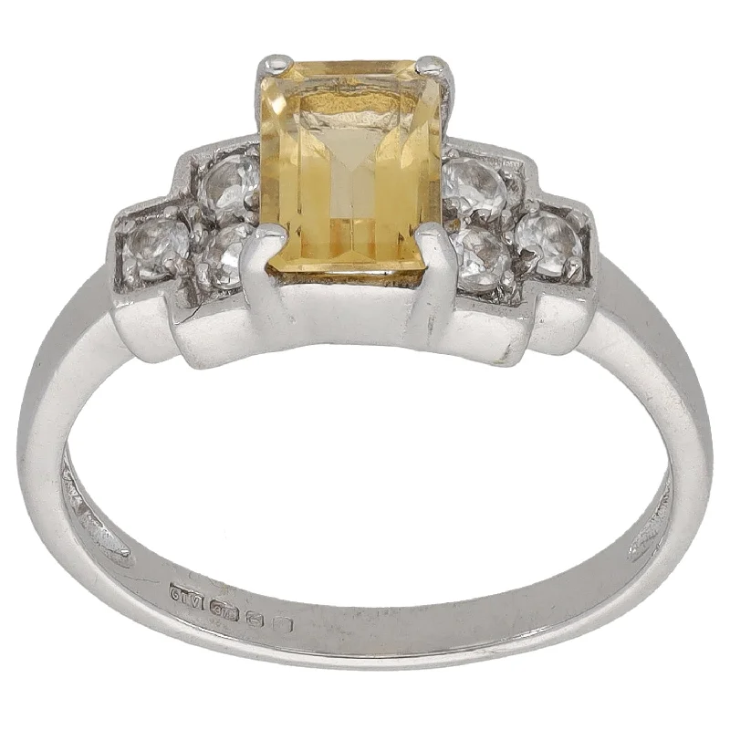 Gem-twisted rings-9ct White Gold Citrine & Quartz Dress/Cocktail Ring Size M