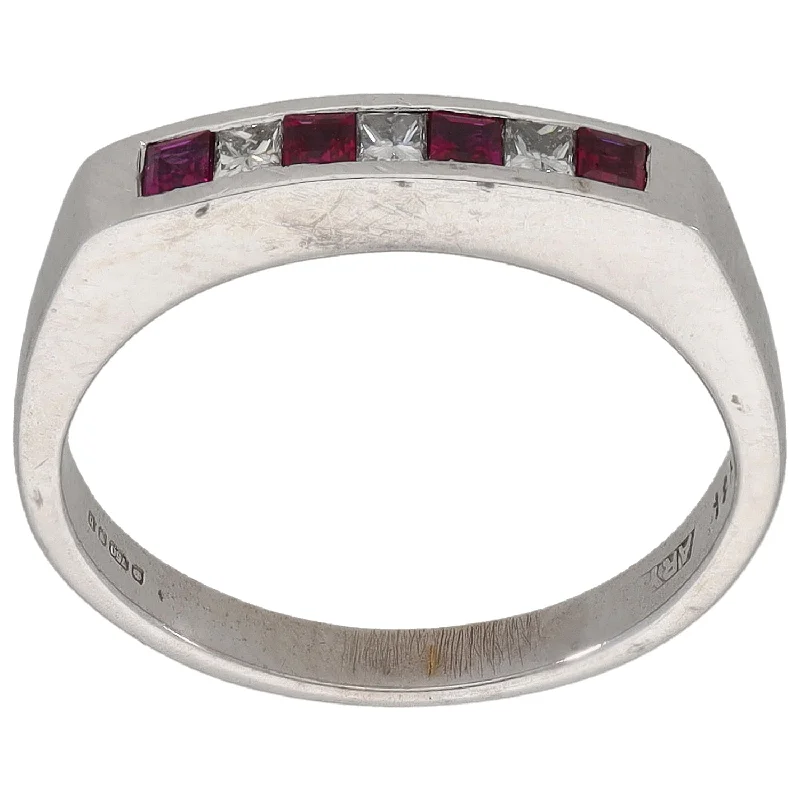 Stacked design rings-18ct White Gold Ruby & 0.15ct Diamond Half Eternity Ring Size K