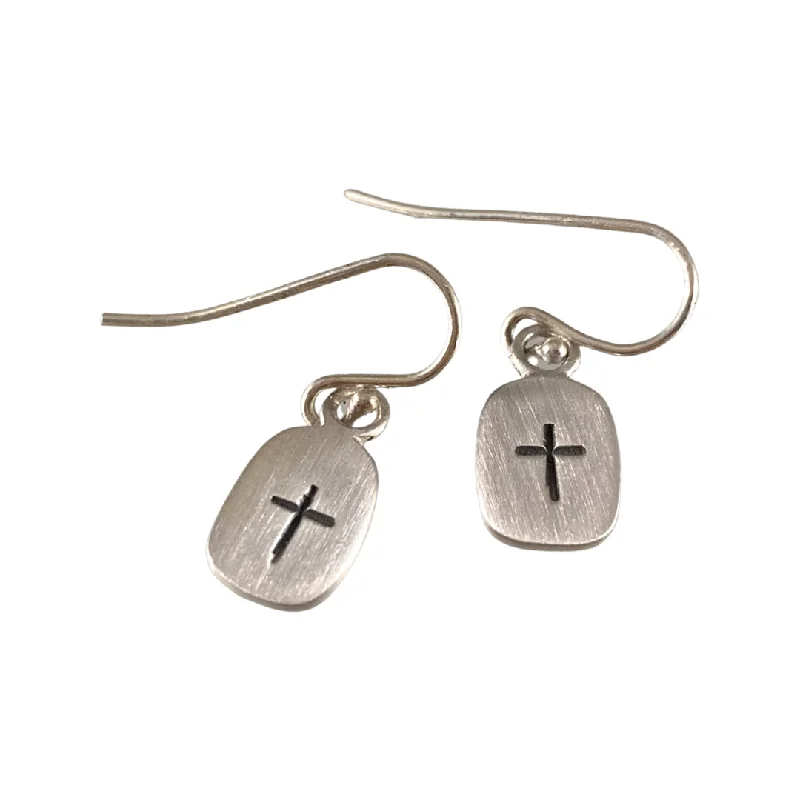 Soft texture earrings-Sterling Small Cross Tag Earrings