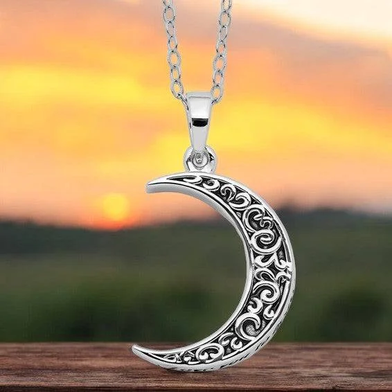 Sharp crystal necklaces-Sterling Silver Antiqued Quarter Moon Ash Holder Necklace