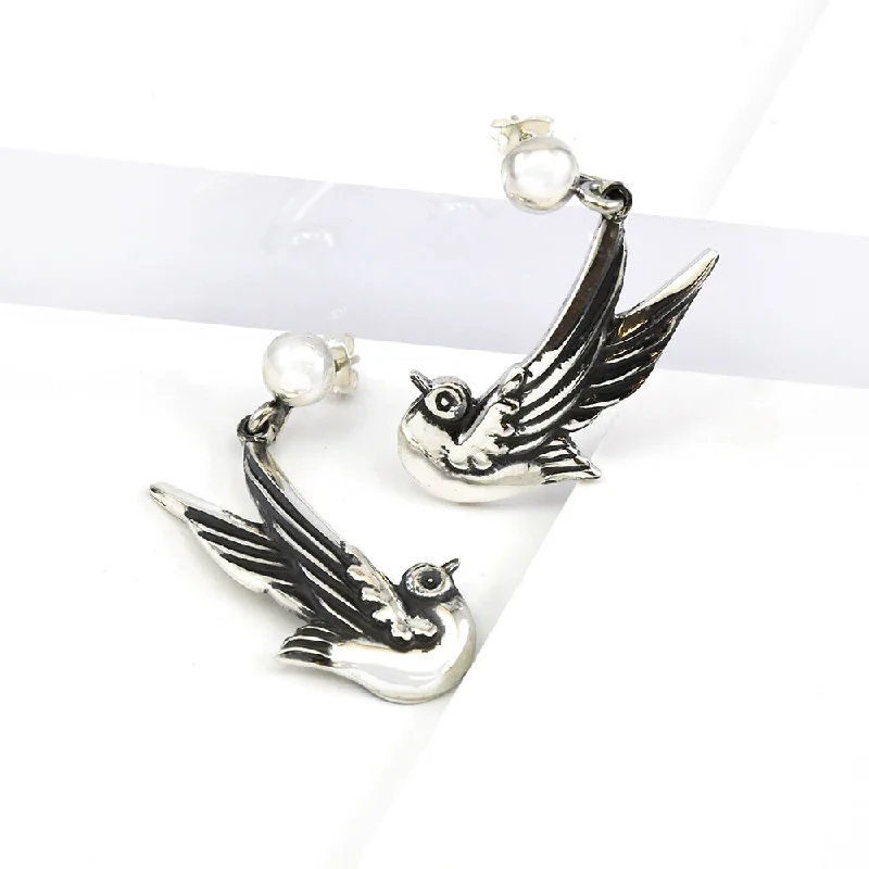 Basic stud earrings-Silver Swallow Earrings