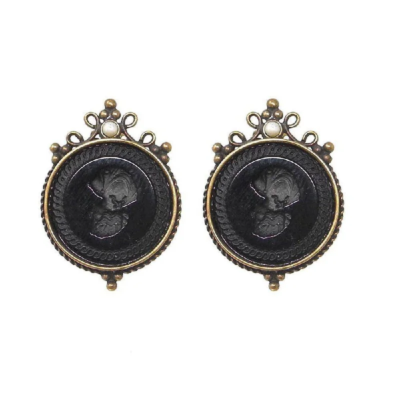 Elegant design earrings-Jet Round Intaglio clip Earrings