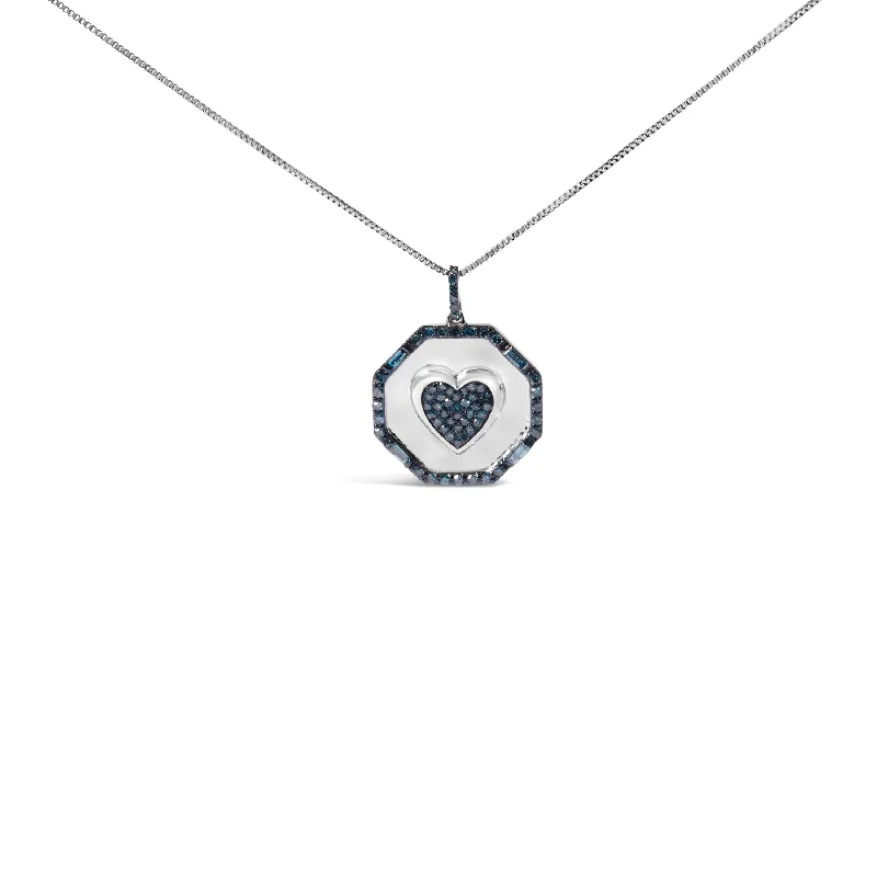 Solid link necklaces-.925 Sterling Silver 5/8 Cttw Blue Diamond Mirror Plate with Heart and Diamond Halo 18" Pendant Necklace