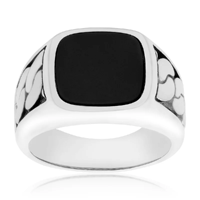 Firm clasp rings-Sterling Silver Black Square Oynx Stone Fancy Rings