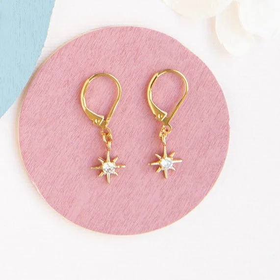 Orbit themed earrings-Star Mini CZ Gem Leverback Dangle Drop Earring