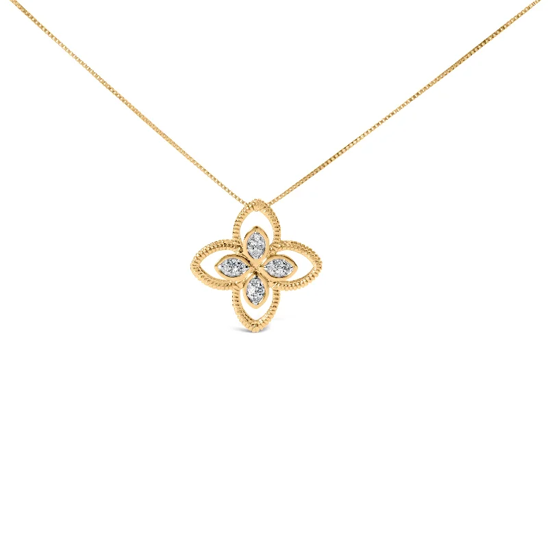 Whimsical charm necklaces-10K Yellow Gold 1/10 Cttw Diamond Floral Motif with Beaded Halo Pendant 18" Necklace