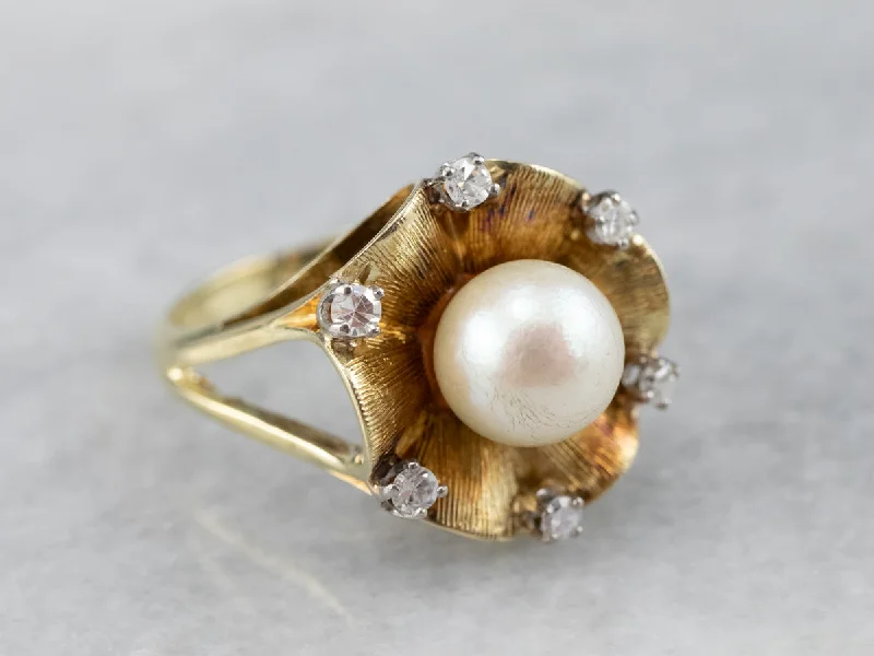 Fiber edge rings-Vintage Pearl Diamond Gold Statement Ring