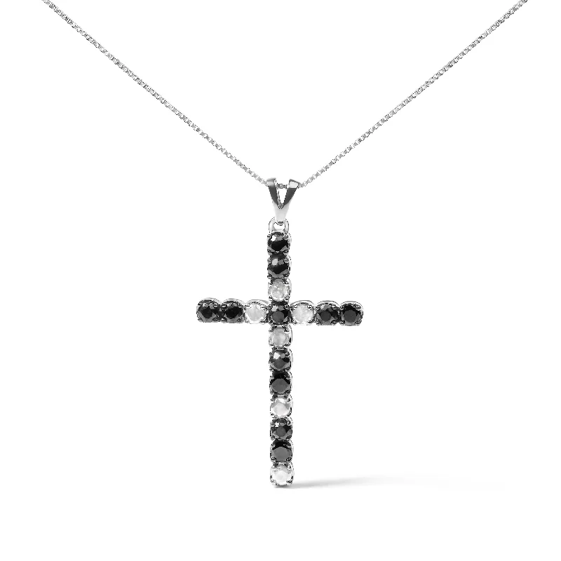 Old medallion necklaces-.925 Sterling Silver 2.0 Cttw Prong Set Round Natural Treated Black and White Diamond Cross Pendant Necklace