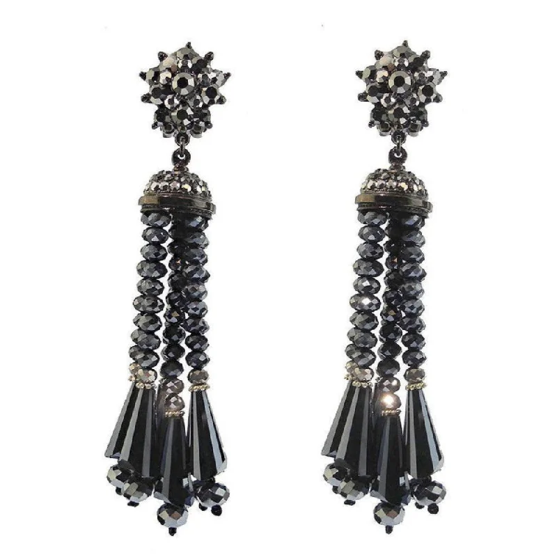 Fine pearl earrings-Hematite Beaded Tassel Drop Clip Earrings