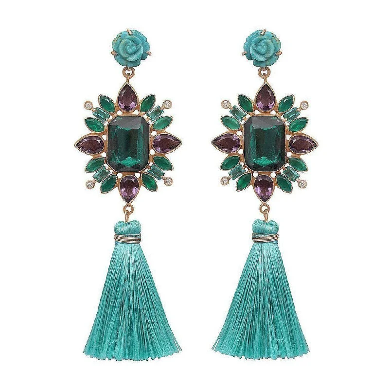 Woven fiber earrings-Turquoise Tassel Earrings