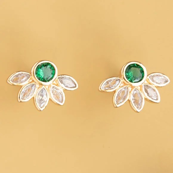 Rosebud motif earrings-Emerald Flower Cubic Zirconia Post Stud Marquise Earring