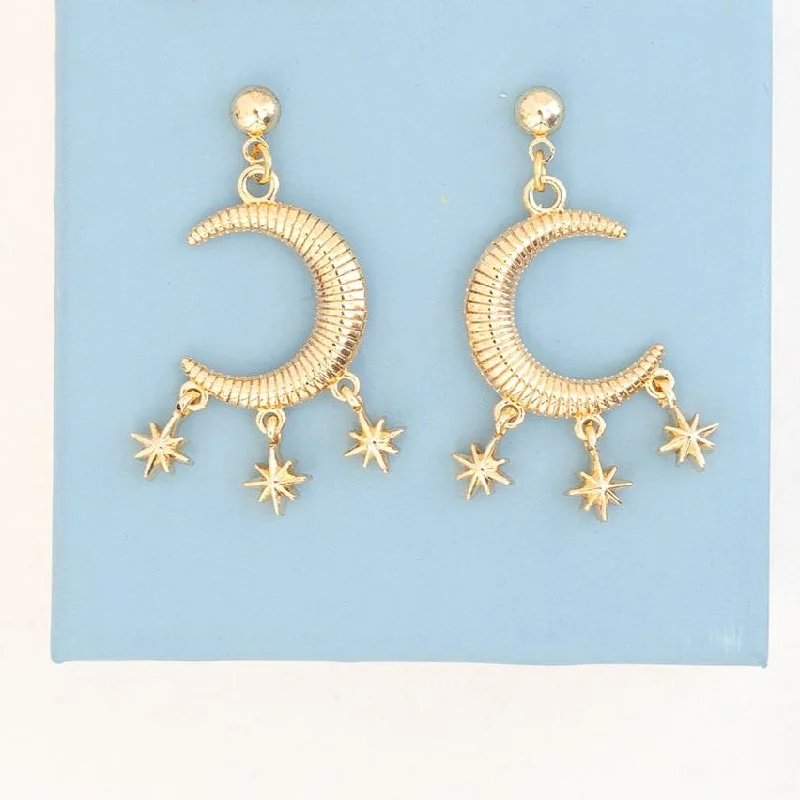 Soft stud earrings-Crescent Moon Star Ball Post Dangle Earring Celestial