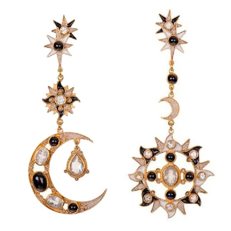 Grass style earrings-Sun and Moon Earrings in Onyx, White Topaz