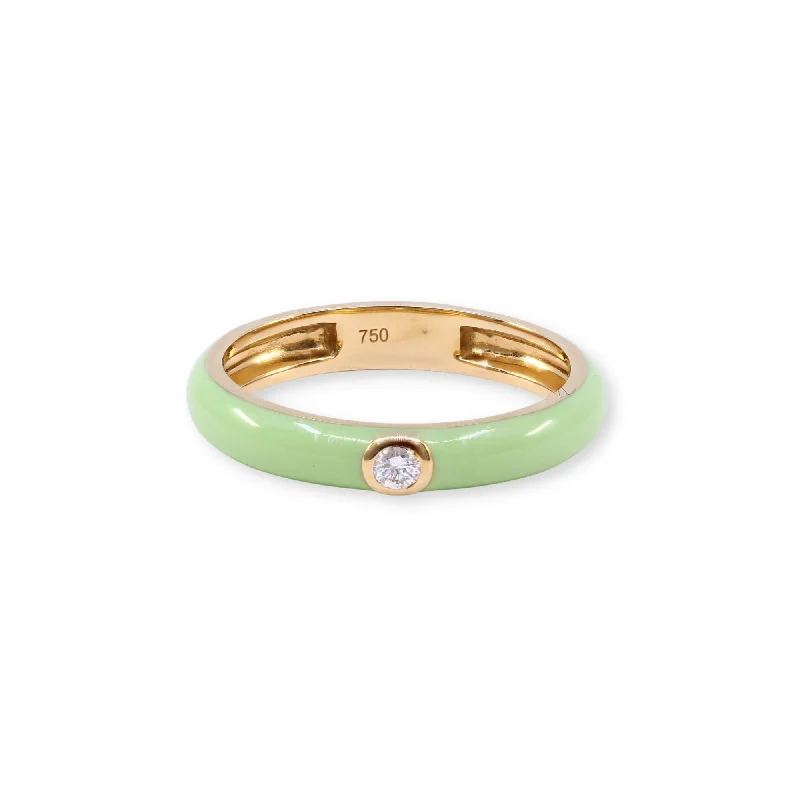 Round design rings-18K YELLOW GOLD LIGHT GREEN ENAMEL STACKING RING WITH DIAMOND ACCENT