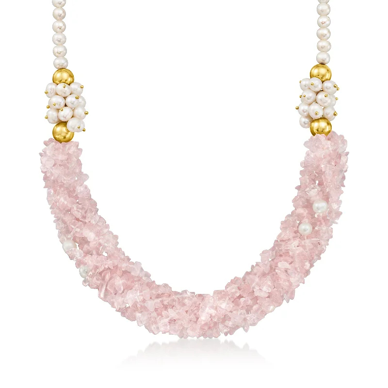 Tourmaline pendant necklaces-Ross-Simons Rose Quartz Bead Necklace With 4.5-5.5mm Cultured Pearls in 18kt Gold Over Sterling