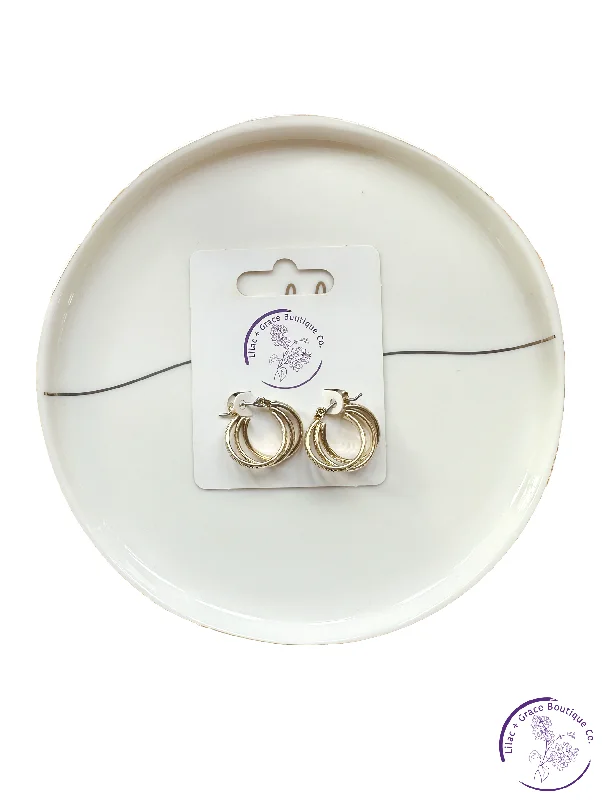 Vision eye earrings-Small Triple Gold Hoop Earrings