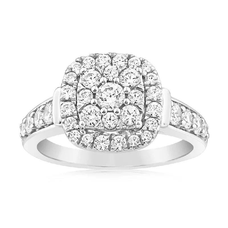 Flow shape rings-0.95 Carat Diamond Cushion Cluster Ring in 14ct White Gold