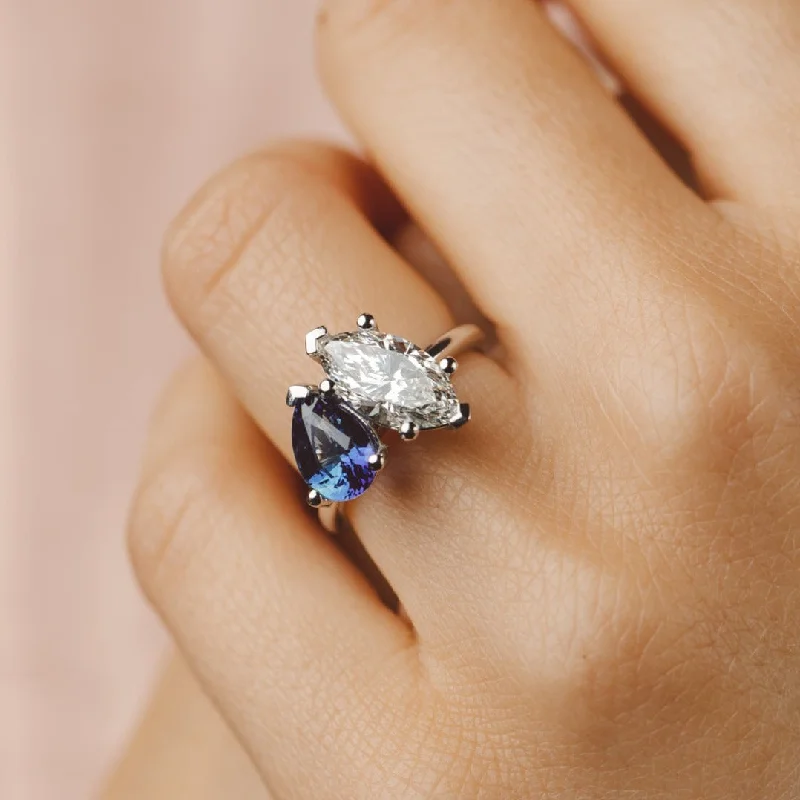 Bold cocktail rings-Lara Toi et Moi Marquise Lab Diamond and Pear Ceylon Sapphire Ring