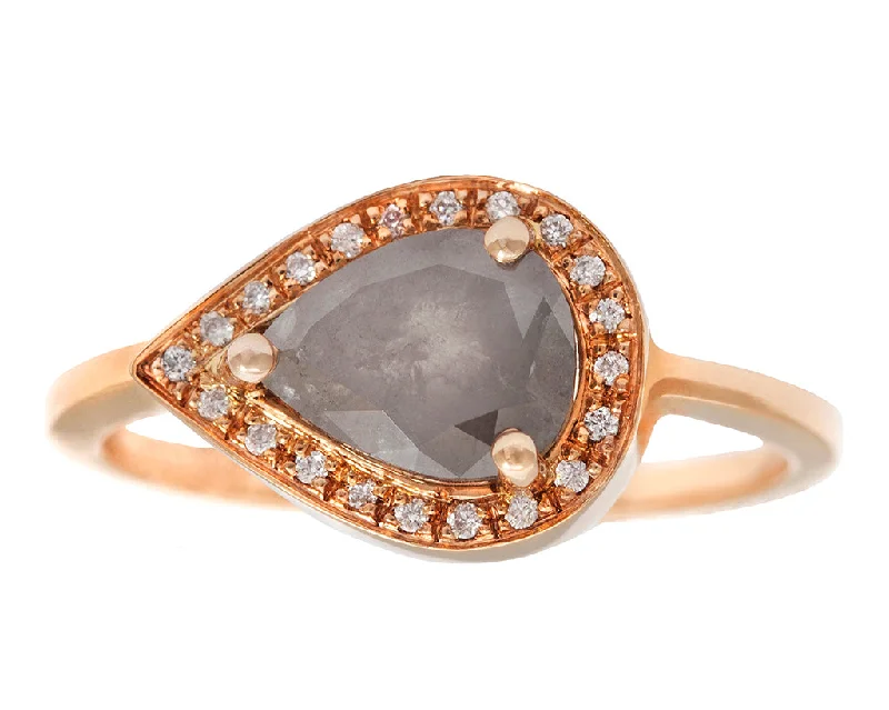 Java tile rings-0.83ct Pear Grey Diamond White Diamond Halo Pavé & Rose Gold Bezel Ring