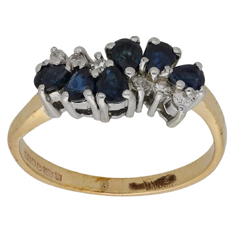 Rustic deco rings-9ct Gold Sapphire & 0.12ct Diamond Dress/Cocktail Ring Size M