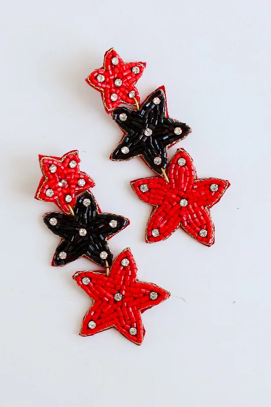 Small triangle earrings-Red + Black Beaded Star Drop Earrings