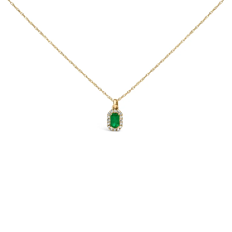 Fiber fringe necklaces-10K Yellow Gold 5x3mm Green Emerald and Diamond Accent Halo Octagonal Shape 18" Pendant Necklace