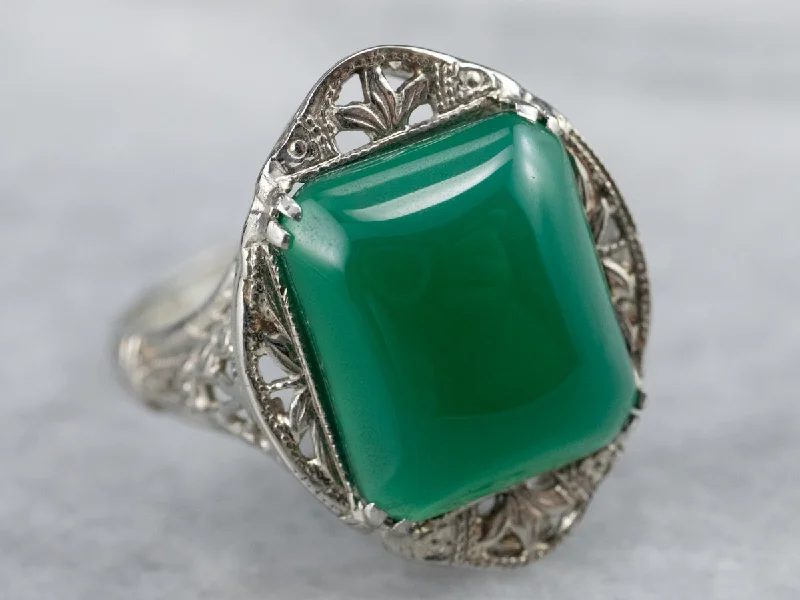 Midnight gothic rings-Art Deco Green Onyx Filigree Ring