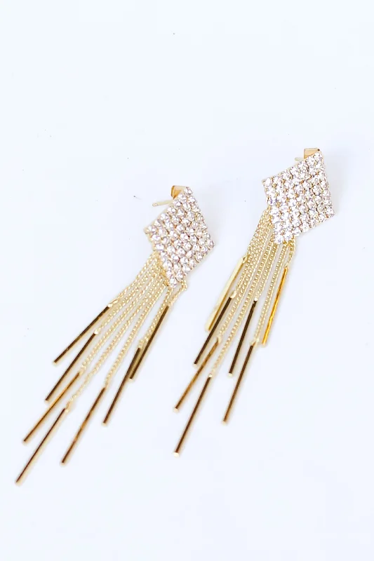 Thick hoop earrings-FINAL SALE - Gabi Gold Rhinestone Fringe Statement Earrings