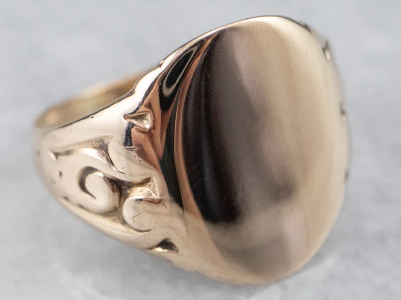 Elegant art rings-10K Rose Gold Vintage Scroll Shoulder Oval Top Signet Ring