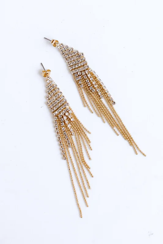 Woven fiber earrings-FINAL SALE - Katy Gold Rhinestone Beaded Fringe Earrings