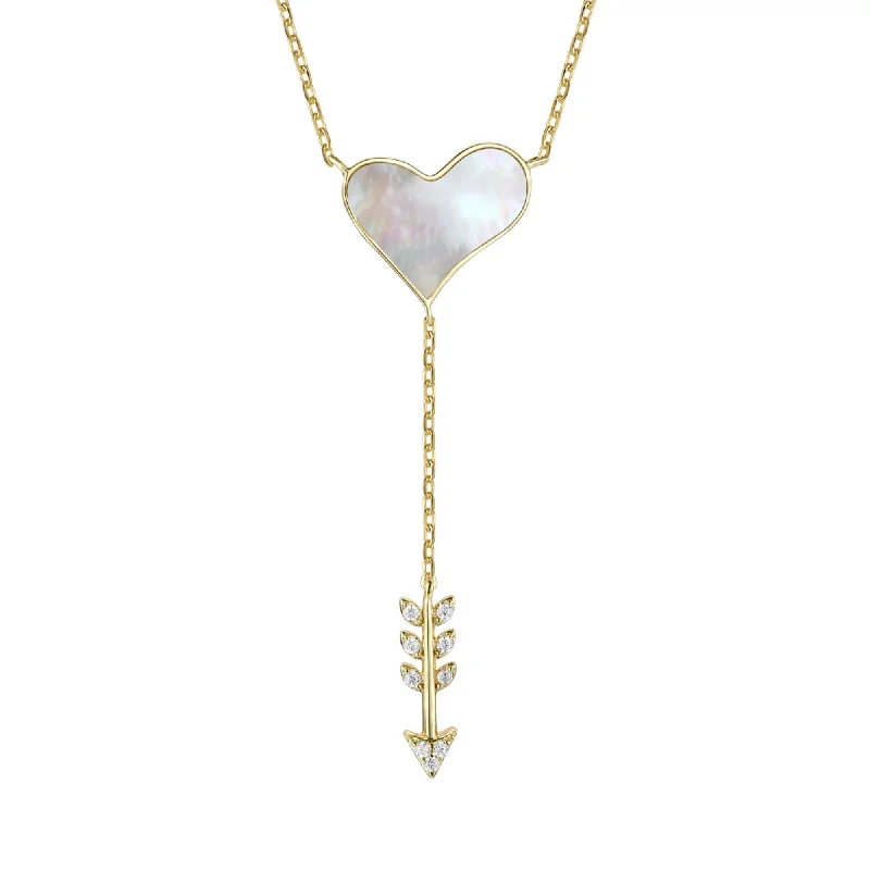 Twin birthstone necklaces-14k Gold Plated Sterling Silver With Diamond Cubic Zirconia & Mother Of Pearl Cupid’s Arrow Heart Y-necklace