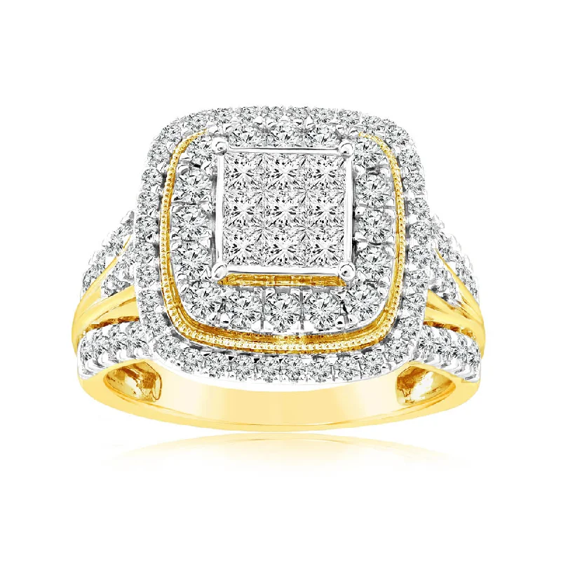 Sharp crystal rings-1.40 Carat Diamond Cushion Cluster Ring in 14ct Yellow Gold