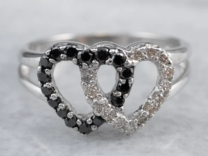 Fine heart rings-Interlocking Black and White Diamond Heart Ring