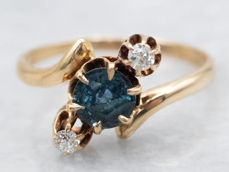 Fiber edge rings-Sapphire and Old Mine Cut Diamond Bypass Buttercup Ring