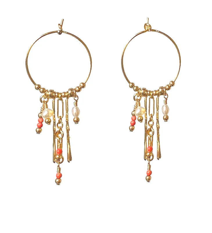 Split-face earrings-Ariel Hoops ~ Coral & Pearl