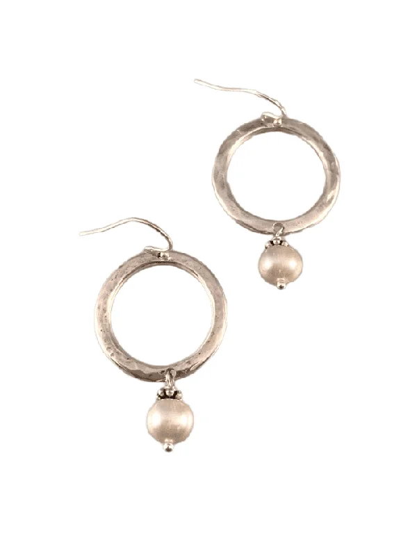 Java tile earrings-Sterling Hammered Circle Gray Pearl Drop Earrings