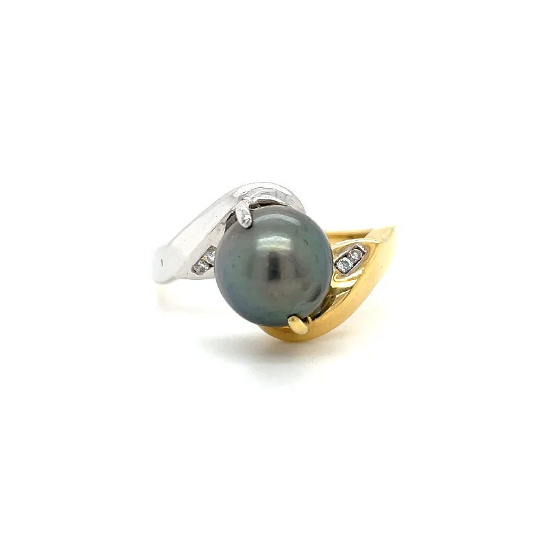 Oak grain rings-Estate 18K Tahitian Pearl Bypass Ring