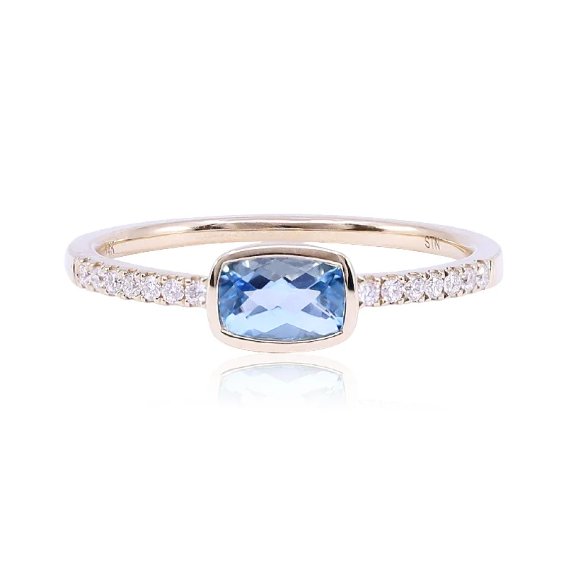 Bold stone rings-14K YELLOW GOLD EAST-WEST CUSHION-CUT BLUE TOPAZ RING WITH DIAMOND ACCENTS