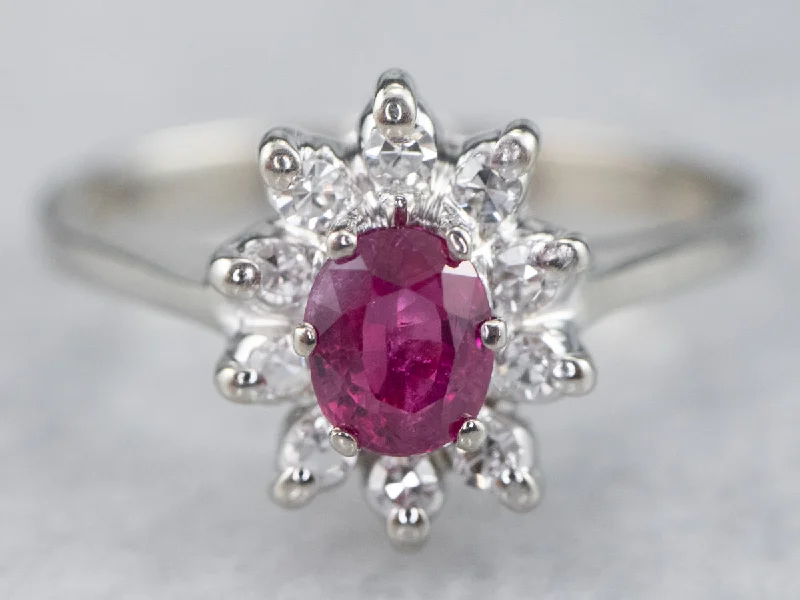 Clustered stone rings-White Gold Ruby and Diamond Halo Ring