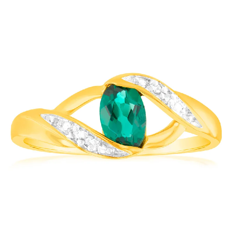 Flow shape rings-Created Emerald Cubic Zirconia Ring in 9ct Yellow Gold